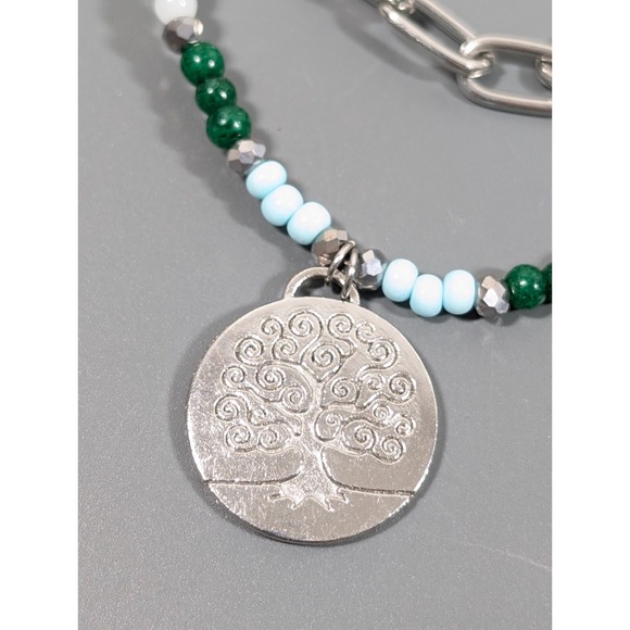 Bohemian Style Green Blue Beaded Silver Tone Layered Chain Statement Necklace - Picture 3 of 9